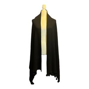 NY Basics Black Wool Blend Shawl with Pom Poms One Size